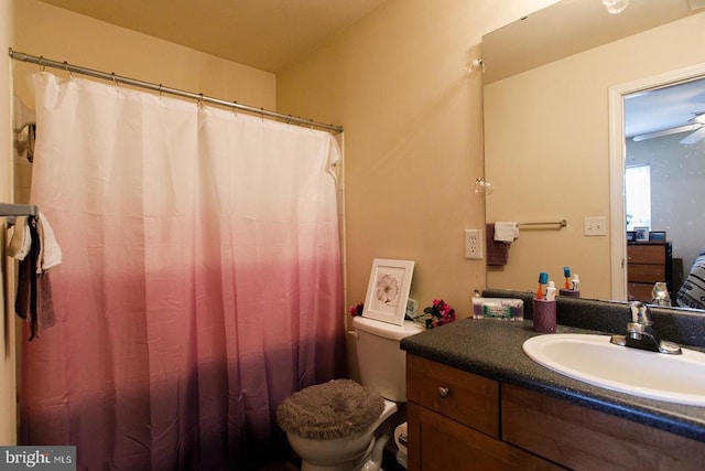 bathroom featuring vanity, toilet, and curtained shower