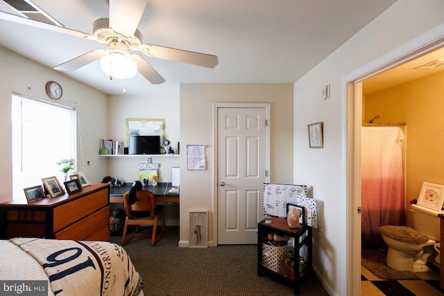 bedroom with a desk, carpet flooring, and a ceiling fan