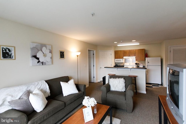 living area with dark carpet
