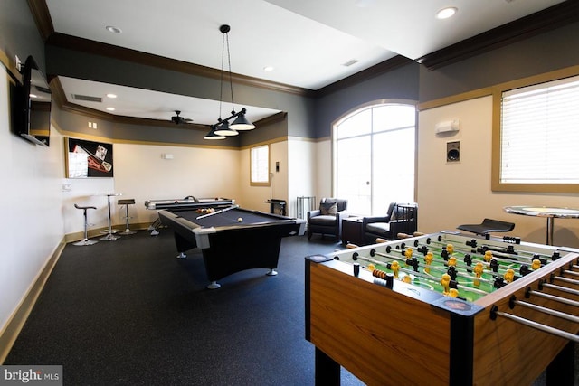 recreation room featuring ornamental molding, pool table, baseboards, and recessed lighting