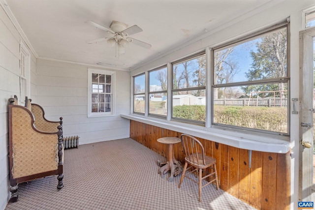 sunroom / solarium with carpet, radiator heating unit, ceiling fan, and crown molding