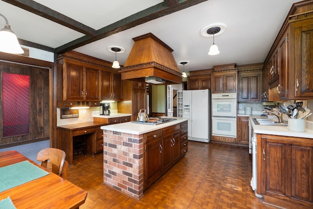 812 Meadowbrook Rd, Waynesboro, VA 22980 - kitchen with white appliances, a sink, light countertops, pendant lighting, and beam ceiling