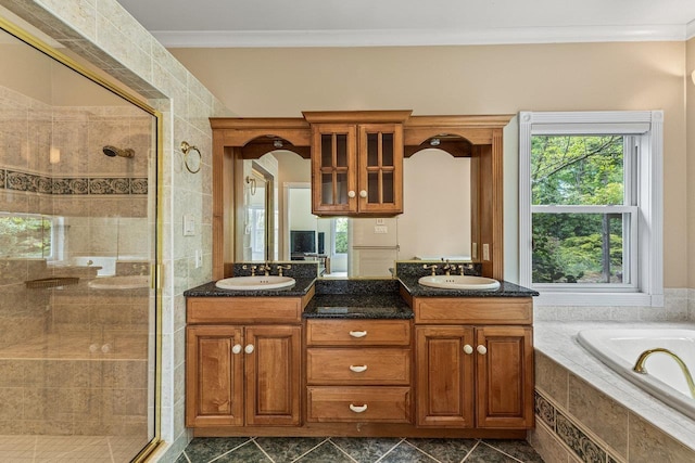 135 Meagans Run Rd, Woodstock, VA 22664 - bathroom featuring a stall shower, a garden tub, double vanity, tile patterned flooring, and ornamental molding