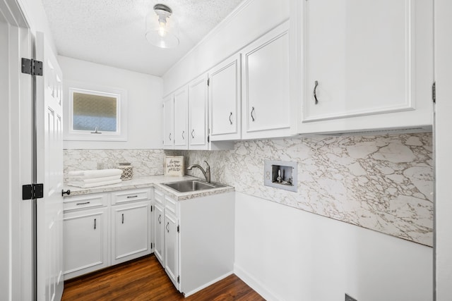 10304 Spotswood Trl, Mcgaheysville, VA 22840 - laundry room with washer hookup, cabinet space, dark wood-type flooring, and a textured ceiling