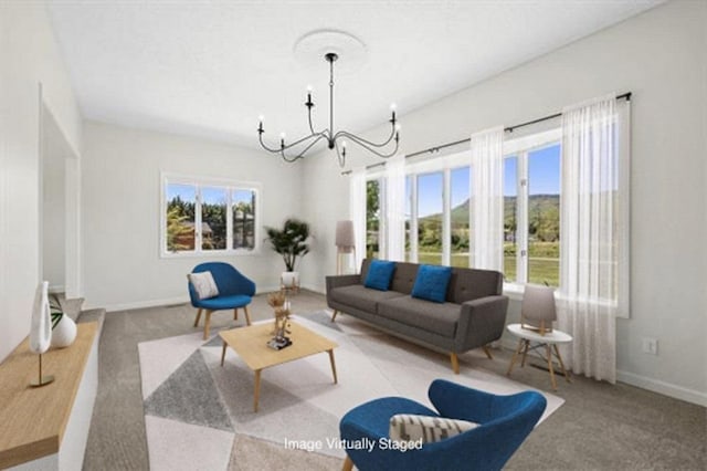 10304 Spotswood Trl, Mcgaheysville, VA 22840 - carpeted living room featuring a chandelier and baseboards
