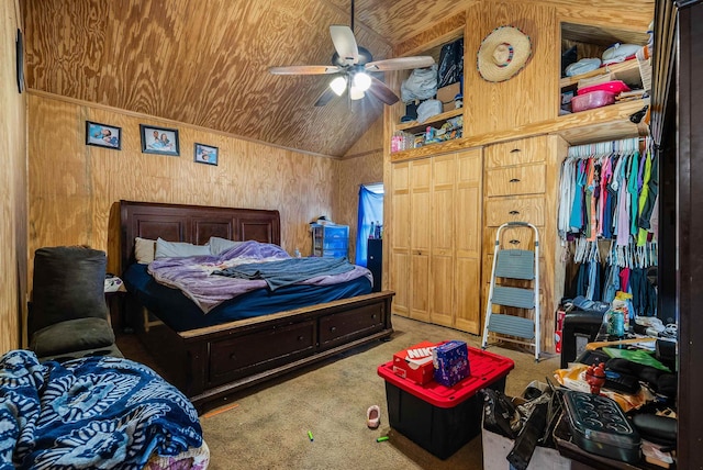 2015 Cecil Wampler Rd, Rockingham, VA 22841 - carpeted bedroom with vaulted ceiling, wooden walls, and a closet