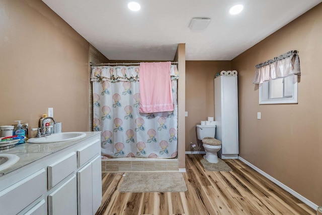 2015 Cecil Wampler Rd, Rockingham, VA 22841 - bathroom featuring a shower with shower curtain, wood finished floors, toilet, baseboards, and double vanity