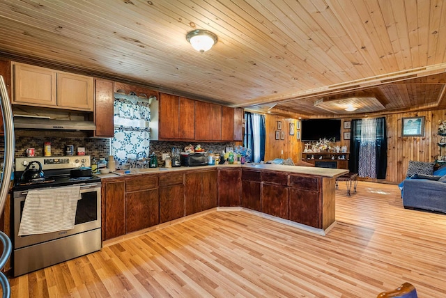 2015 Cecil Wampler Rd, Rockingham, VA 22841 - kitchen with stainless steel electric stove, open floor plan, wood ceiling, a peninsula, and light wood-style flooring