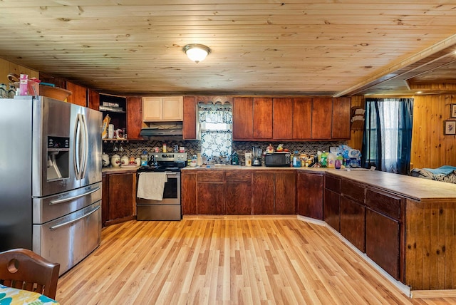 2015 Cecil Wampler Rd, Rockingham, VA 22841 - kitchen with stainless steel appliances, a peninsula, wood ceiling, under cabinet range hood, and decorative backsplash