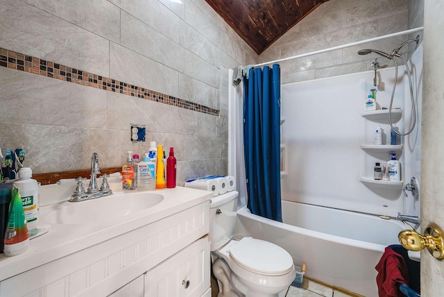 2015 Cecil Wampler Rd, Rockingham, VA 22841 - full bathroom with shower / tub combo, toilet, vanity, vaulted ceiling, and wood ceiling