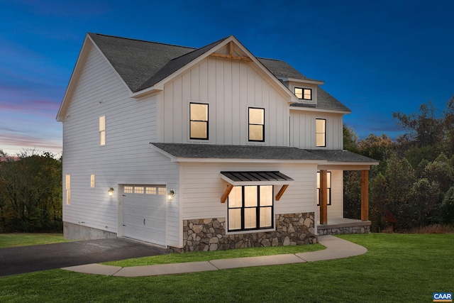 121 Yates Cir, Stanardsville, VA 22973 - modern inspired farmhouse with an attached garage, stone siding, a lawn, board and batten siding, and a porch
