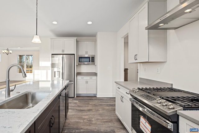 121 Yates Cir, Stanardsville, VA 22973 - kitchen featuring a sink, stainless steel appliances, wall chimney range hood, recessed lighting, and dark wood finished floors