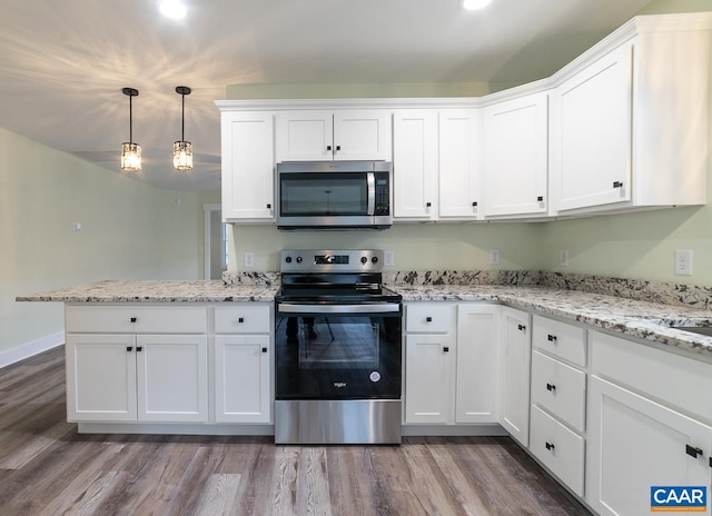 kitchen featuring white cabinetry, stainless steel appliances, and dark wood-style flooring