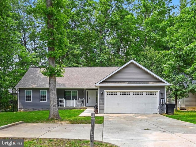 1003 Confederate Dr, Locust Grove, VA 22508 - ranch-style house featuring a garage, concrete driveway, a porch, a front lawn, and a shingled roof