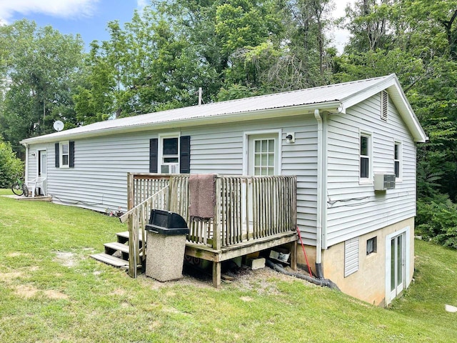 291 Wild Rose Ln, New Market, VA 22844 - rear view of house with a wooden deck, a lawn, metal roof, and view of wooded area