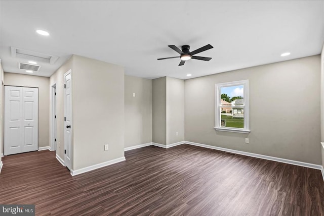 105 Cammack St, Louisa, VA 23093 - unfurnished room featuring dark wood-style flooring, a ceiling fan, attic access, baseboards, and recessed lighting