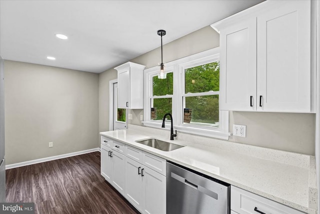 105 Cammack St, Louisa, VA 23093 - kitchen featuring stainless steel dishwasher, a sink, baseboards, white cabinets, and dark wood-style floors