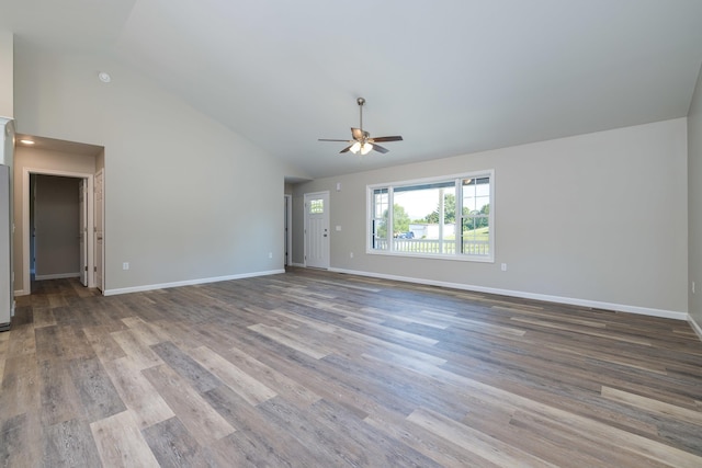 16854 E Summit Ave E, Elkton, VA 22827 - unfurnished living room featuring ceiling fan, high vaulted ceiling, baseboards, and wood finished floors