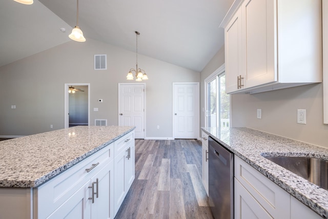 16854 E Summit Ave E, Elkton, VA 22827 - kitchen featuring stainless steel dishwasher, wood finished floors, white cabinetry, pendant lighting, and a chandelier