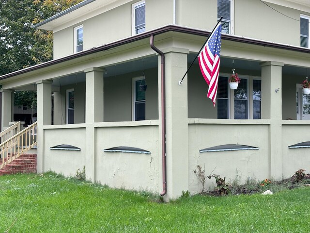 62 Quicks Mill Rd, Verona, VA 24482 - view of side of home with a yard, stucco siding, and a porch