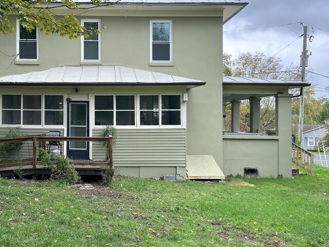 62 Quicks Mill Rd, Verona, VA 24482 - back of property with stucco siding, metal roof, a wooden deck, a lawn, and a standing seam roof