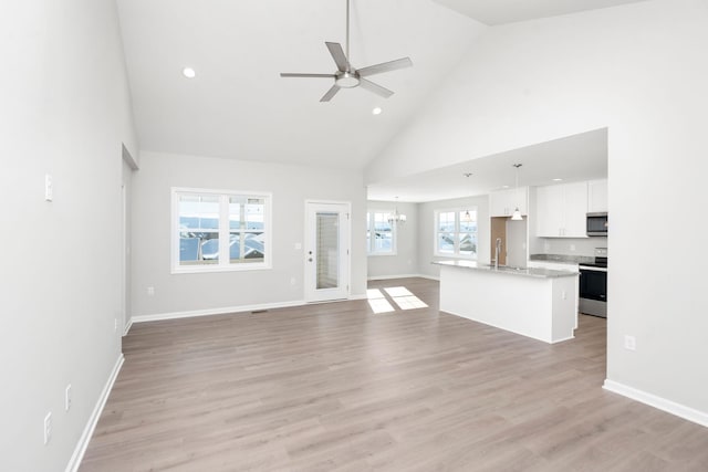 216 Spring Run Ln, Waynesboro, VA 22980 - unfurnished living room featuring high vaulted ceiling, a chandelier, a ceiling fan, a sink, and baseboards