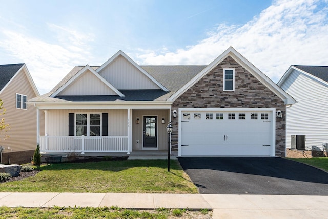 216 Spring Run Ln, Waynesboro, VA 22980 - view of front facade featuring a porch, central AC, driveway, a front lawn, and roof with shingles