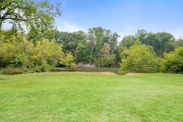 view of yard featuring a forest view and a water view