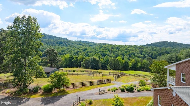 mountain view with a rural view and a view of trees