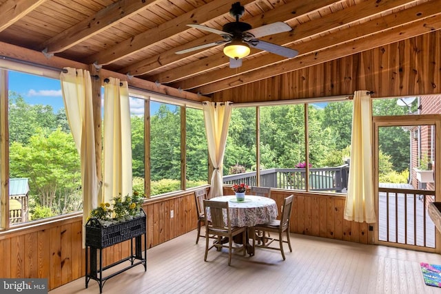 sunroom featuring beam ceiling, wooden ceiling, and ceiling fan