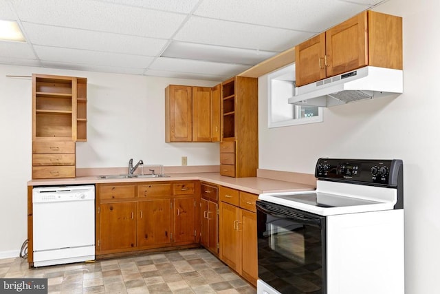 kitchen with range with electric stovetop, open shelves, a sink, dishwasher, and under cabinet range hood