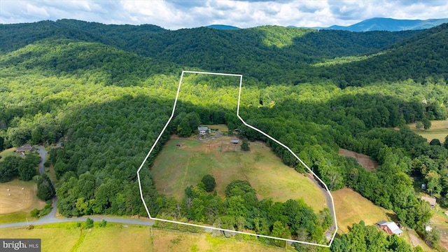 drone / aerial view with a forest view and a mountain view