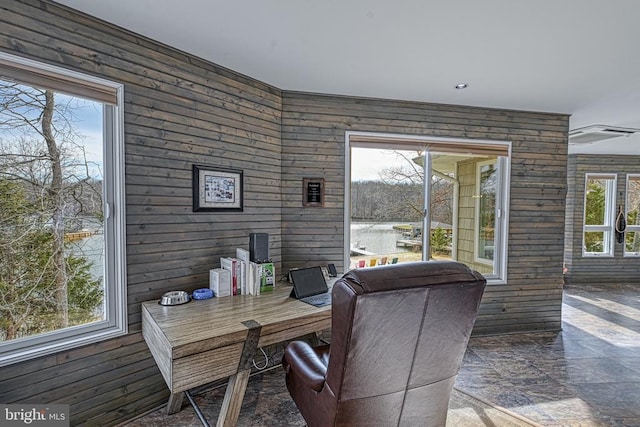 129 Lois Ln, Mineral, VA 23117 - home office featuring wooden walls and stone finish flooring