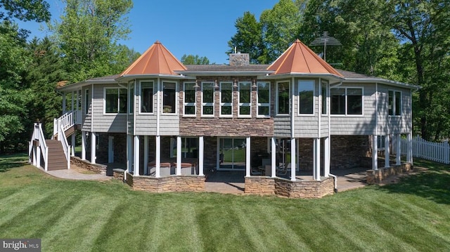 129 Lois Ln, Mineral, VA 23117 - rear view of property featuring a patio area, stone siding, a chimney, and stairway
