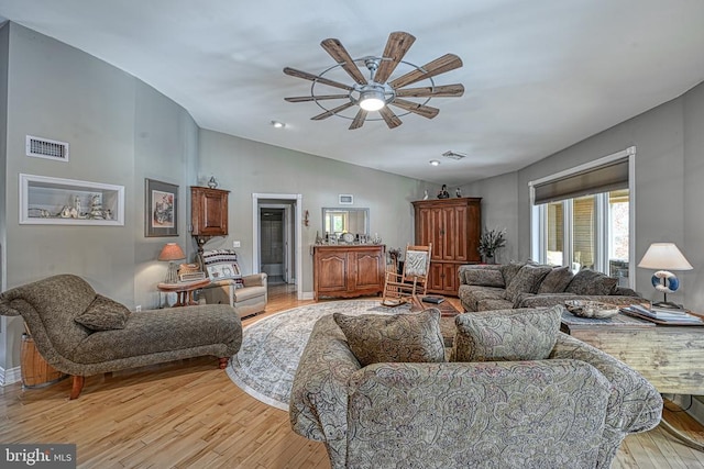 129 Lois Ln, Mineral, VA 23117 - living area featuring light wood finished floors, a ceiling fan, lofted ceiling, and recessed lighting