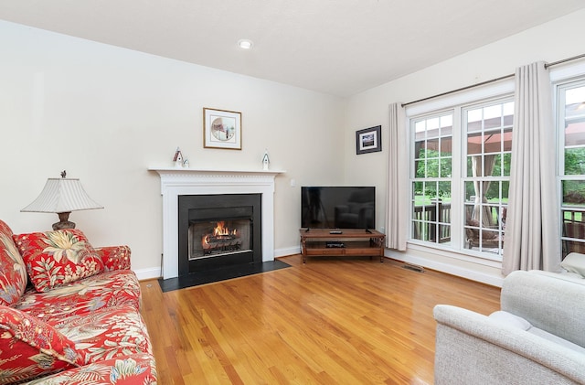 116 Buckingham Pl, Waynesboro, VA 22980 - living room featuring light wood-style floors, a fireplace with flush hearth, and baseboards