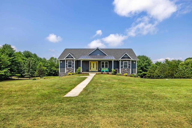 56 Serendipity Ln, Crimora, VA 24431 - view of front of house featuring a porch, stone siding, a front yard, and a standing seam roof