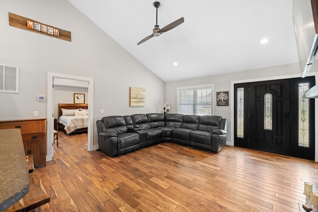 56 Serendipity Ln, Crimora, VA 24431 - living room with high vaulted ceiling, a ceiling fan, light wood-type flooring, and recessed lighting