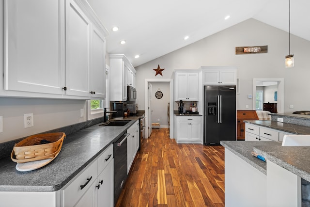 56 Serendipity Ln, Crimora, VA 24431 - kitchen with black refrigerator with ice dispenser, dishwashing machine, dark countertops, dark wood finished floors, and white cabinets