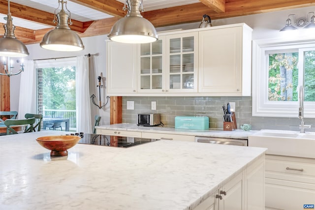 6406 Carter Ln, Mineral, VA 23117 - kitchen with black electric cooktop, a sink, tasteful backsplash, beamed ceiling, and glass insert cabinets