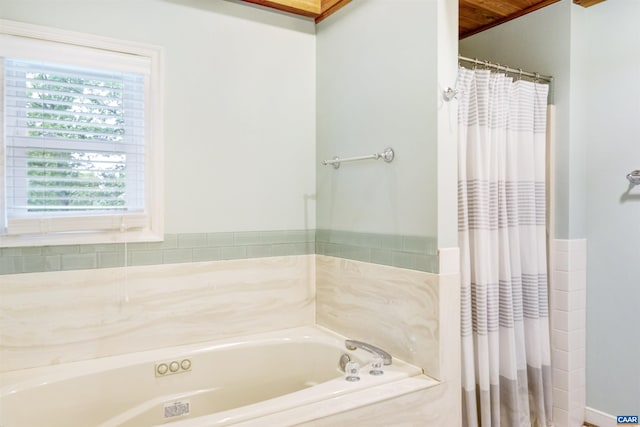 6406 Carter Ln, Mineral, VA 23117 - full bathroom with a garden tub, a shower with shower curtain, and wood ceiling