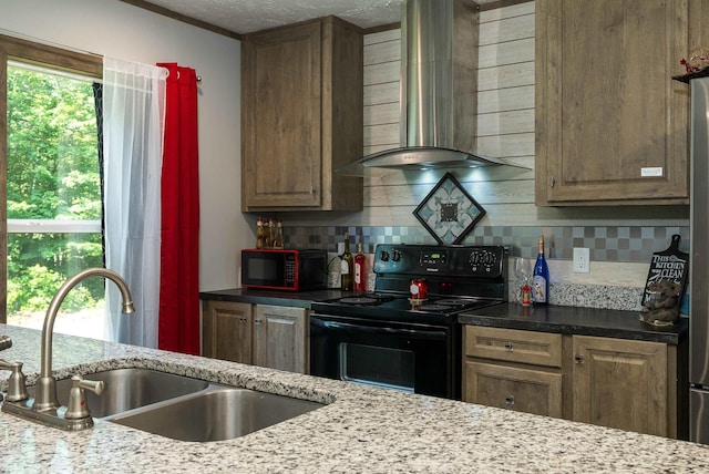 2749 Lee Hwy E, New Market, VA 22844 - kitchen featuring wall chimney range hood, black appliances, decorative backsplash, dark stone counters, and a textured ceiling