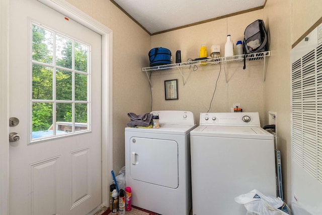 2749 Lee Hwy E, New Market, VA 22844 - washroom featuring separate washer and dryer, healthy amount of natural light, a heating unit, and crown molding