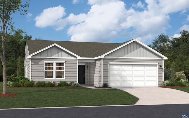 single story home featuring concrete driveway, board and batten siding, a shingled roof, and a garage