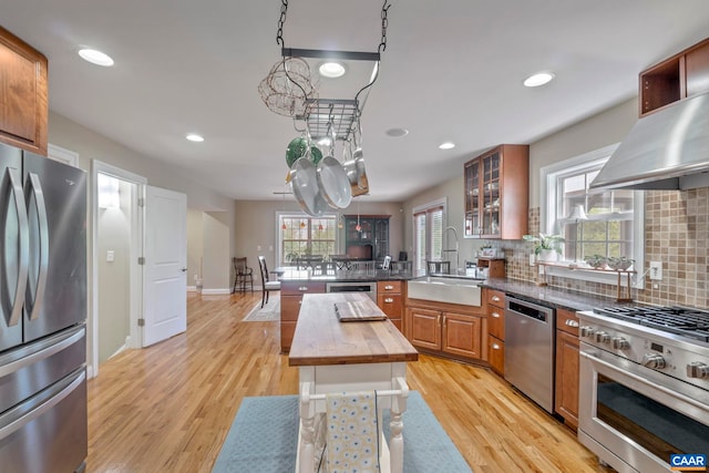 kitchen featuring stainless steel appliances, ventilation hood, butcher block countertops, a sink, and backsplash