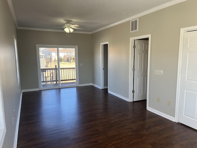 unfurnished room featuring ceiling fan, ornamental molding, and dark hardwood / wood-style floors