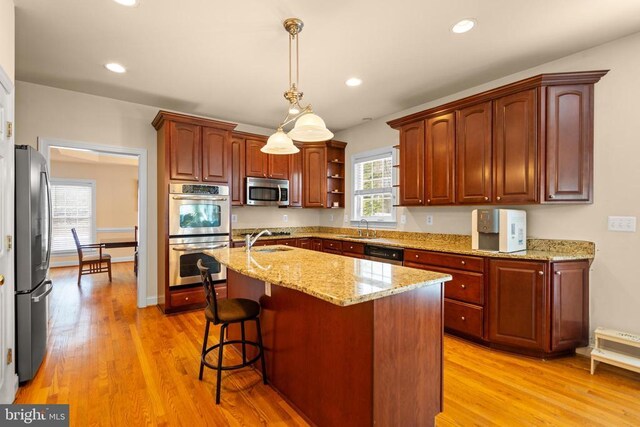 kitchen with appliances with stainless steel finishes, light hardwood / wood-style flooring, hanging light fixtures, an island with sink, and sink