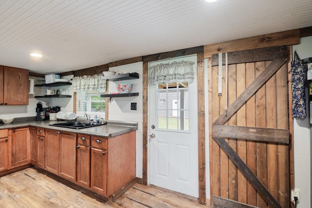 2420 Jollett Rd, Elkton, VA 22827 - kitchen featuring open shelves, light wood-style flooring, a sink, brown cabinets, and recessed lighting