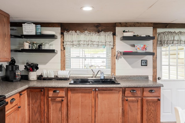 2420 Jollett Rd, Elkton, VA 22827 - kitchen featuring a sink, open shelves, plenty of natural light, and brown cabinets