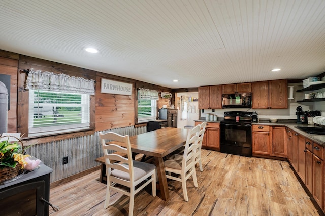 2420 Jollett Rd, Elkton, VA 22827 - dining area featuring light wood-type flooring, wood walls, recessed lighting, and wooden ceiling